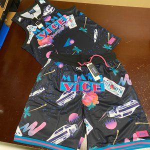 Reason Mens Black Miami City Tank And Elastic Waist Shorts 2 Piece Set Sz L XL